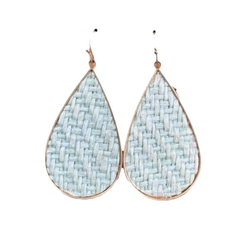 Gold Tone Pear-Shaped Mint Green Basketweave Dangle Hook Earrings Summer Resort